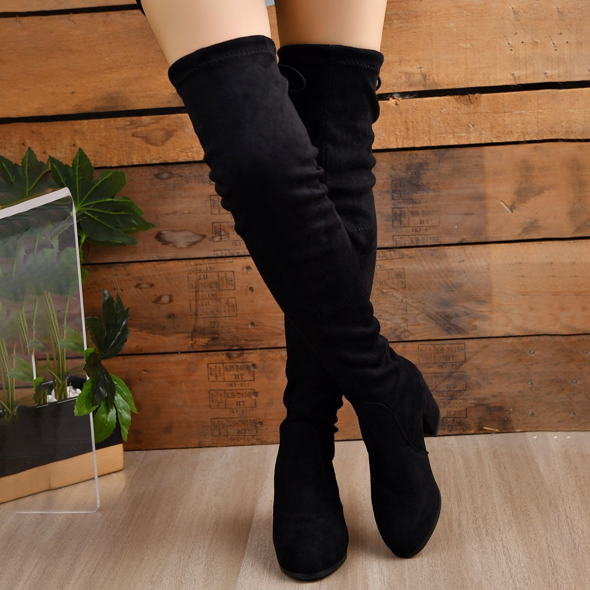 Over-the-Knee Boots Black Faux Suede Block Heel — view 3