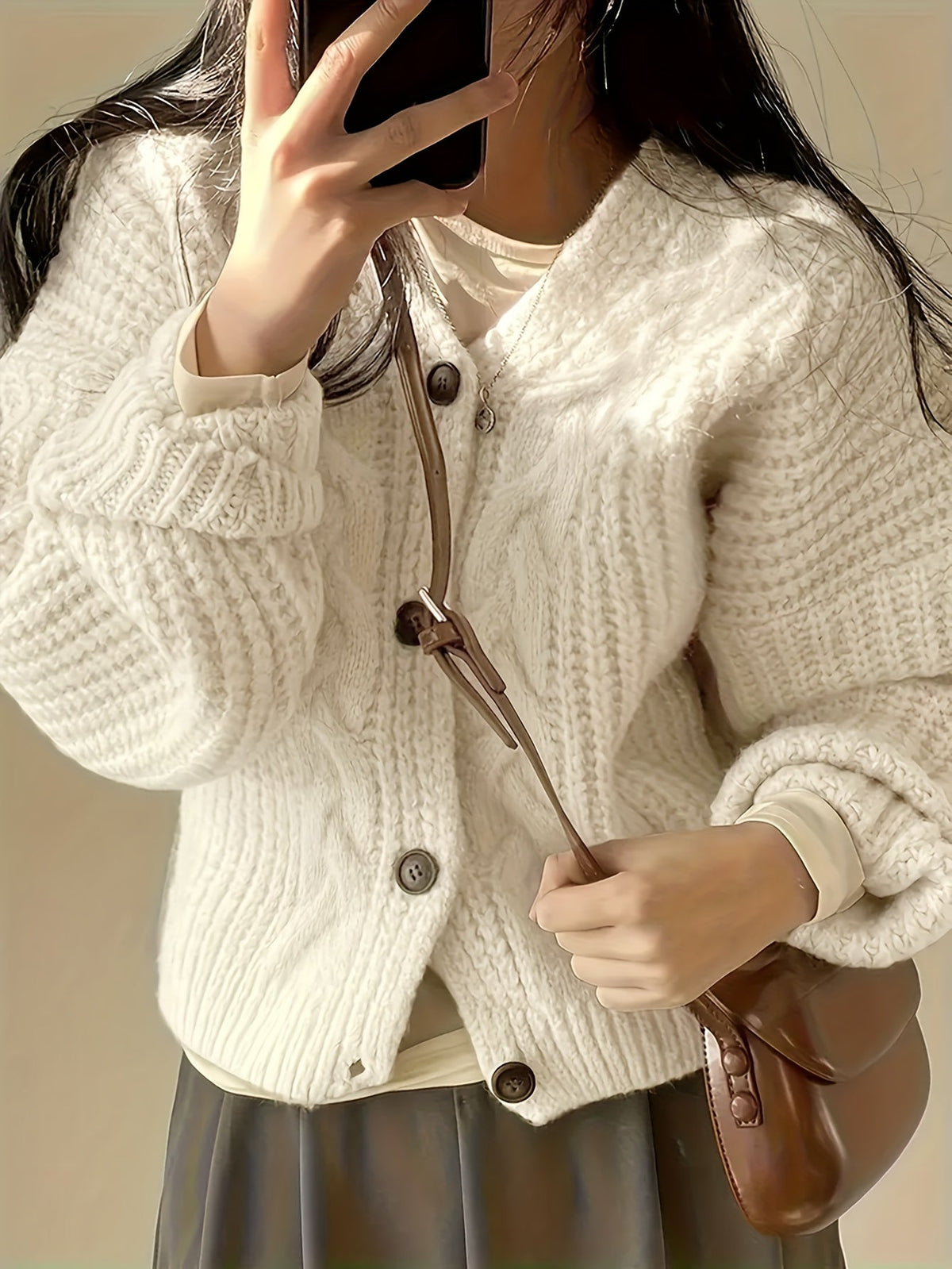 Cardigan Cream Chunky Knit V-Neck Button-Front — view 4