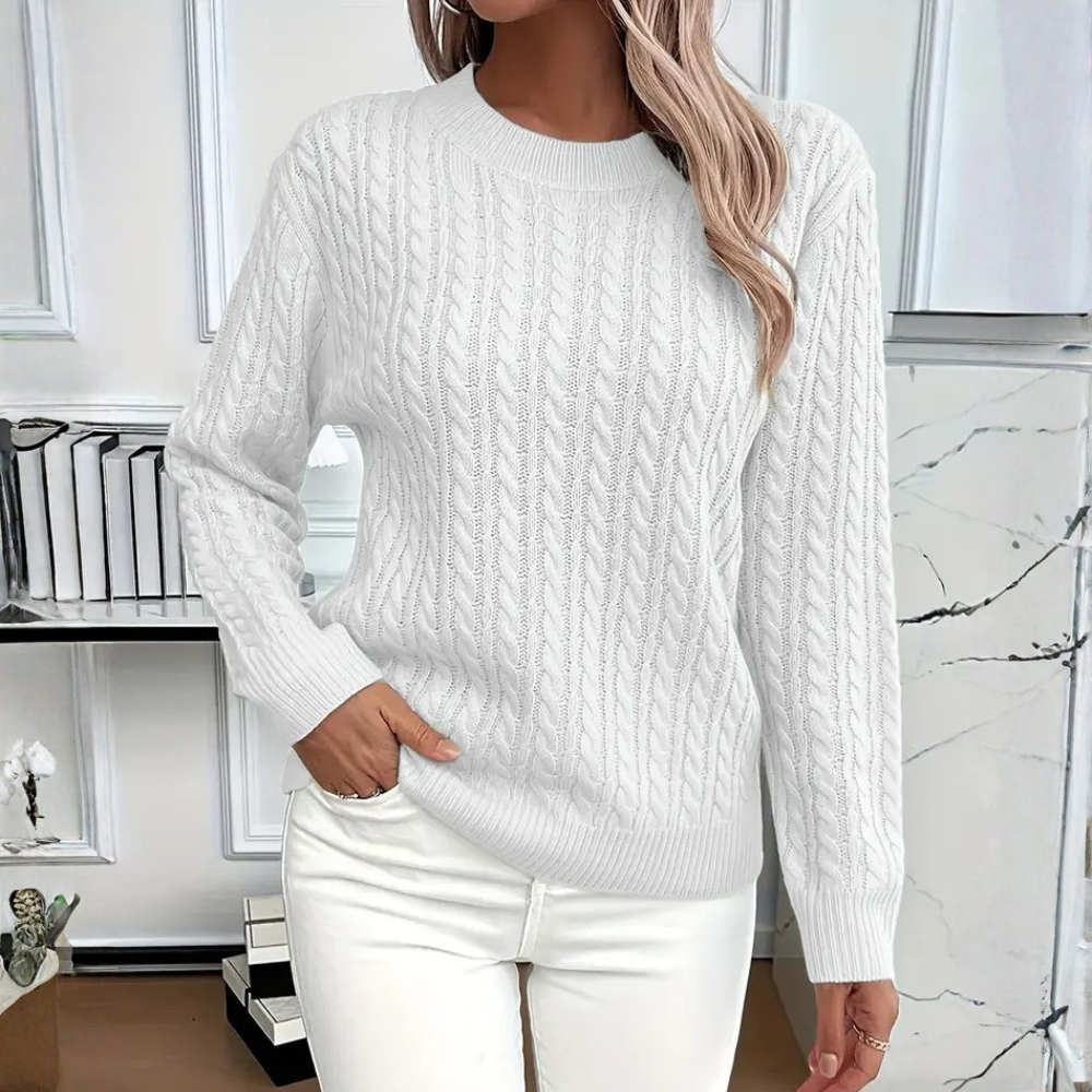 Cable-Knit Sweater Wool Crew Neck Long Sleeve