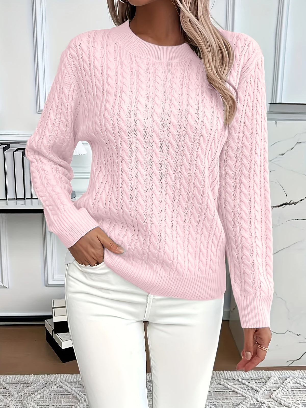 Cable-Knit Sweater Wool Crew Neck Long Sleeve — view 4