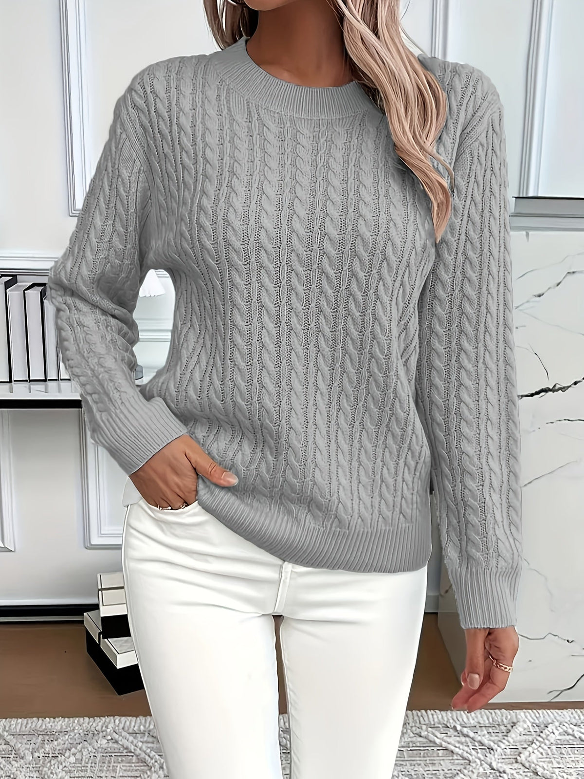 Cable-Knit Sweater Wool Crew Neck Long Sleeve — view 6