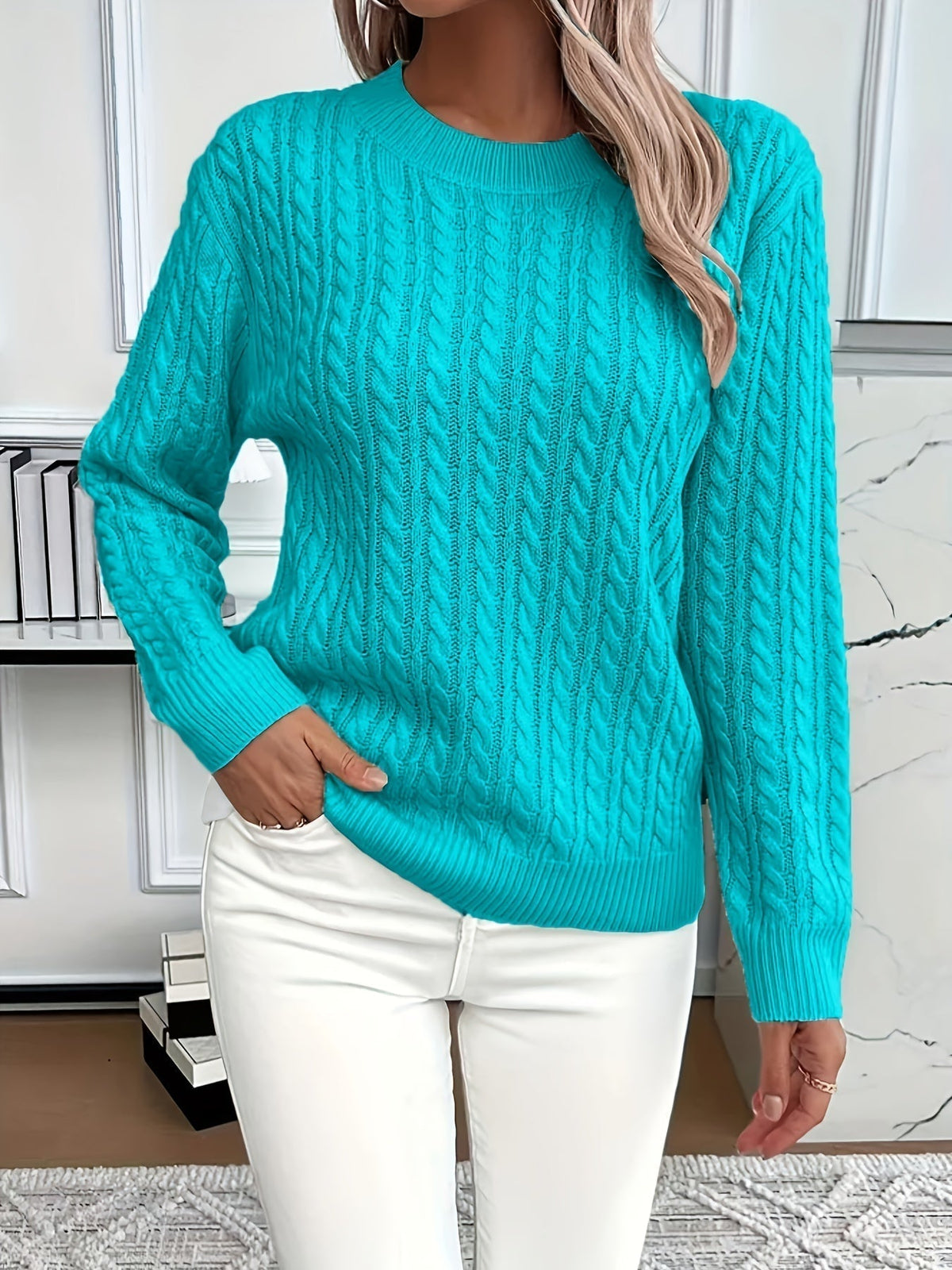 Cable-Knit Sweater Wool Crew Neck Long Sleeve — view 8