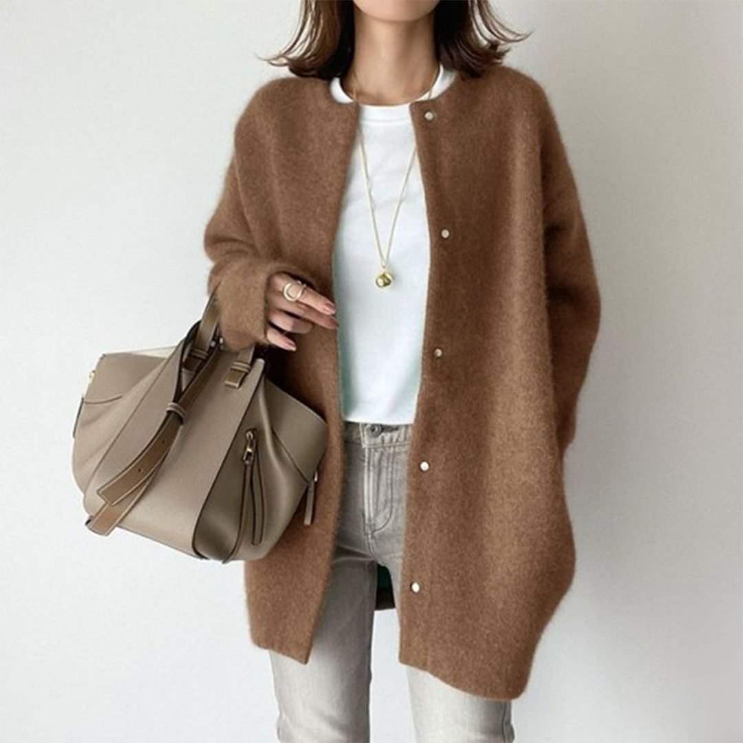 Oversized Cardigan Brushed Knit Round Neck — view 5