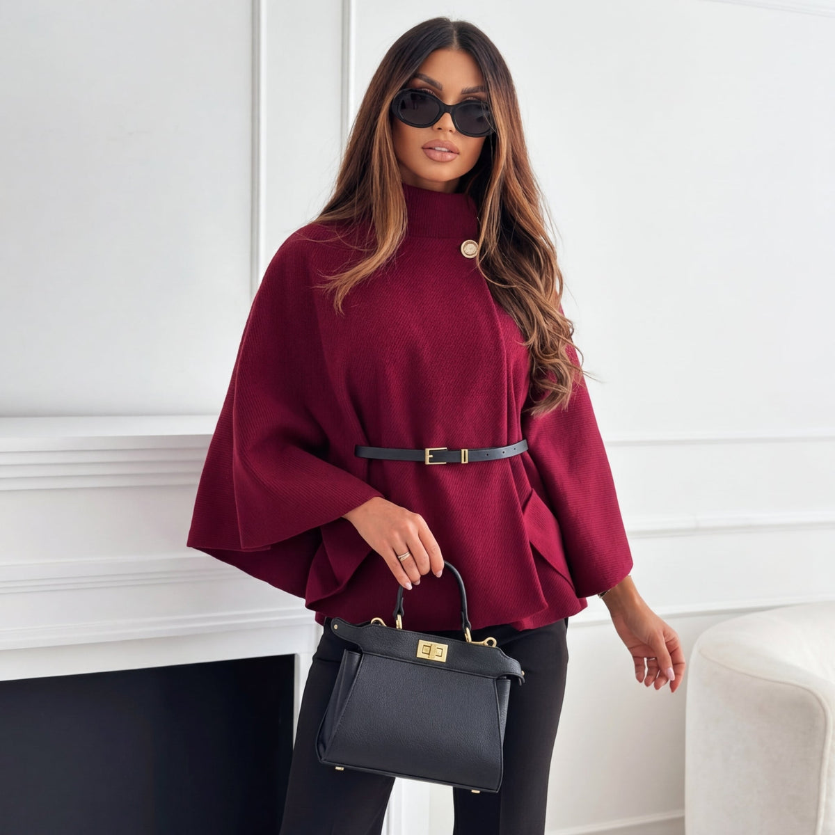 Cape Sleeve Sweater High Neck Gold Button — view 3
