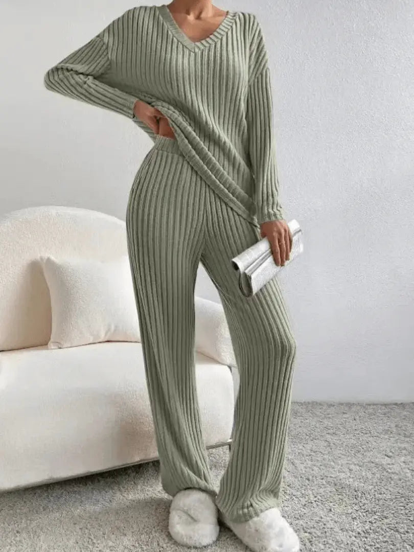 Ribbed Knit Lounge Set V-Neck Long Sleeve — view 4