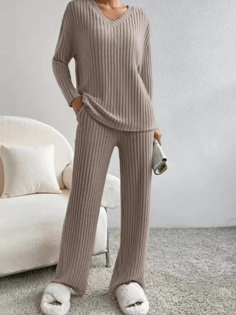 Ribbed Knit Lounge Set V-Neck Long Sleeve — view 5