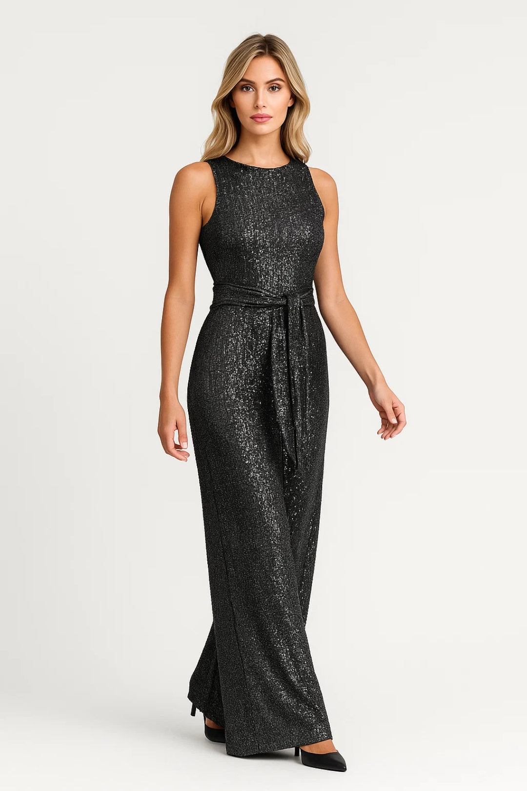 Sequin Jumpsuit Glitter Sleeveless Belted — view 4