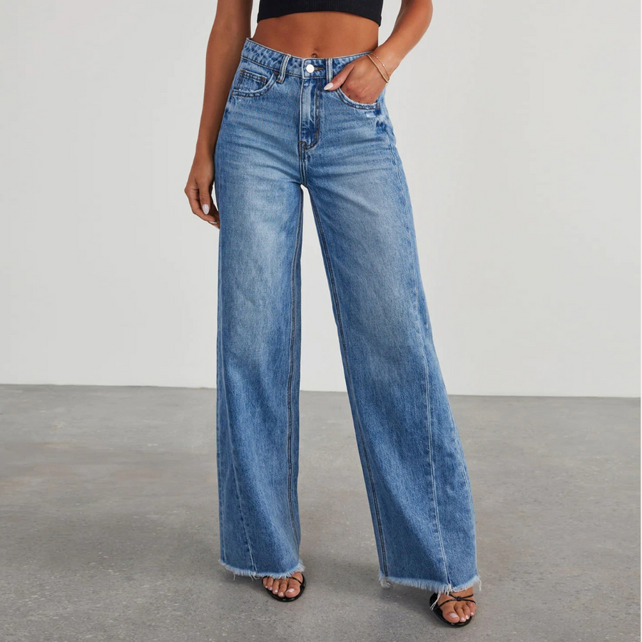 Wide-Leg Jeans Blue Denim High-Waist Raw Hem