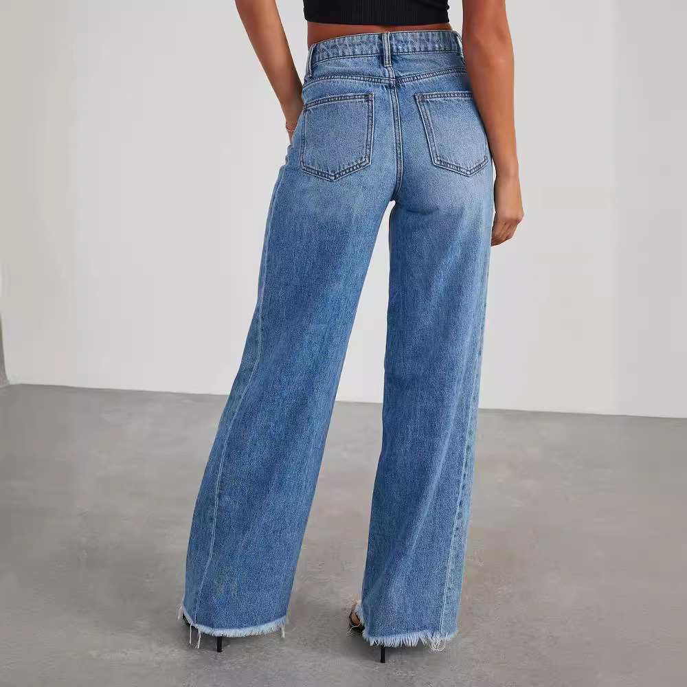 Wide-Leg Jeans Blue Denim High-Waist Raw Hem — view 2