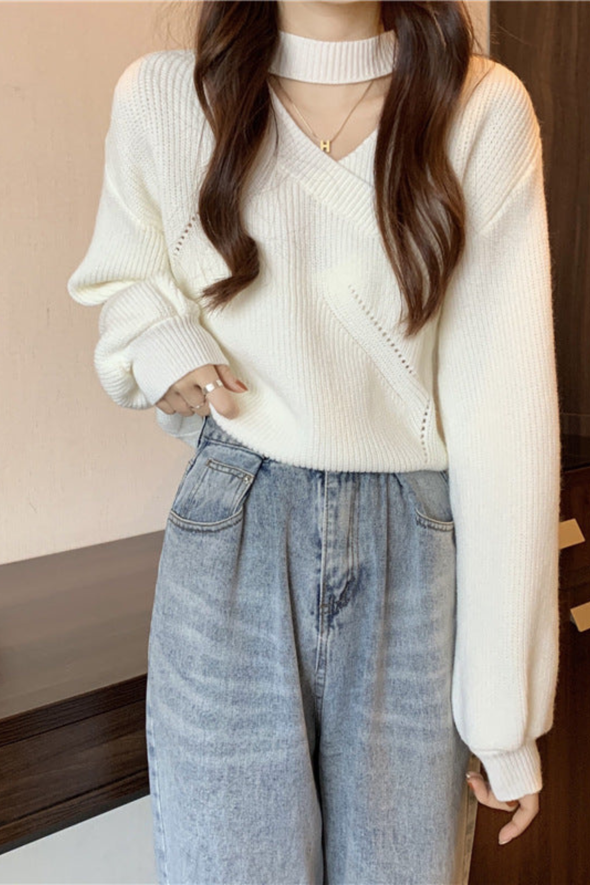 Sweater Ribbed Knit Choker Wrap V-Neckline — view 2