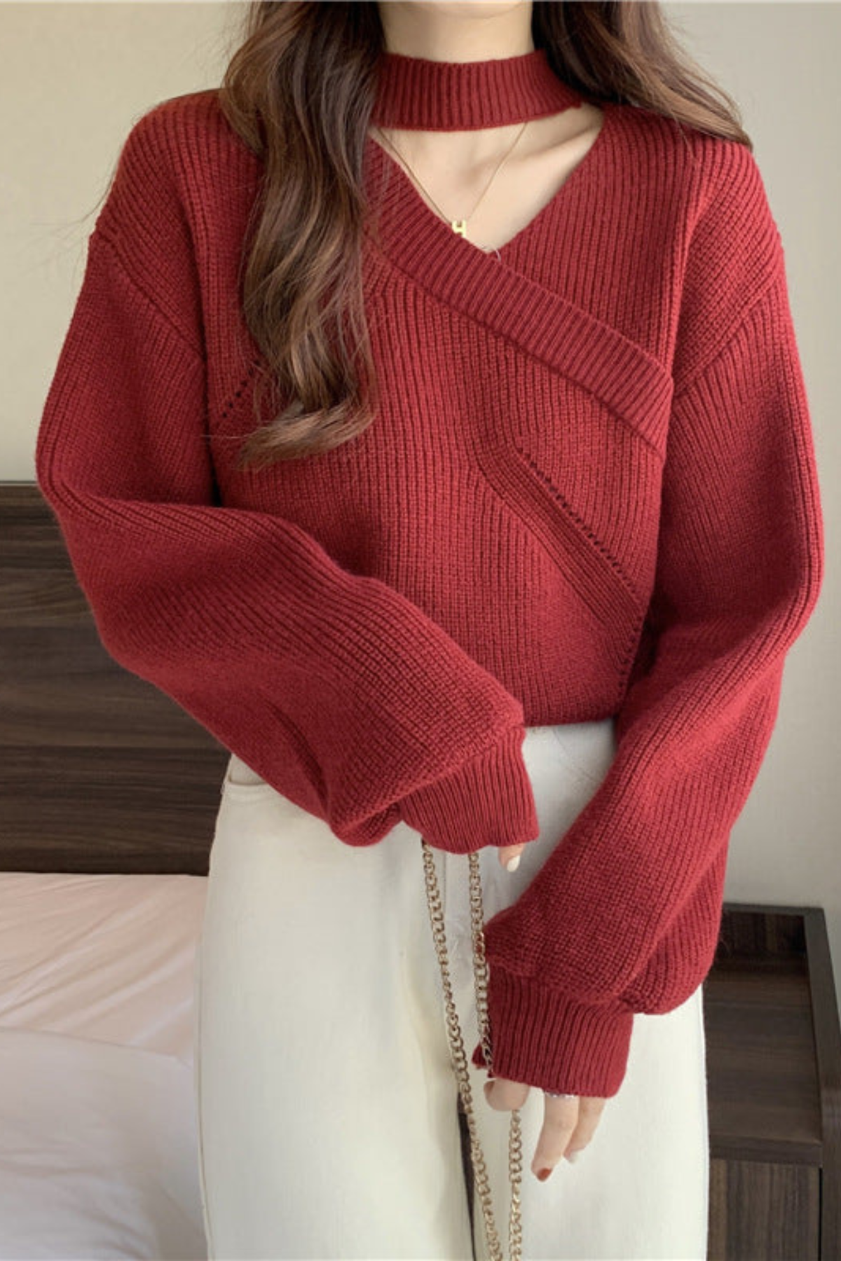 Sweater Ribbed Knit Choker Wrap V-Neckline — view 3