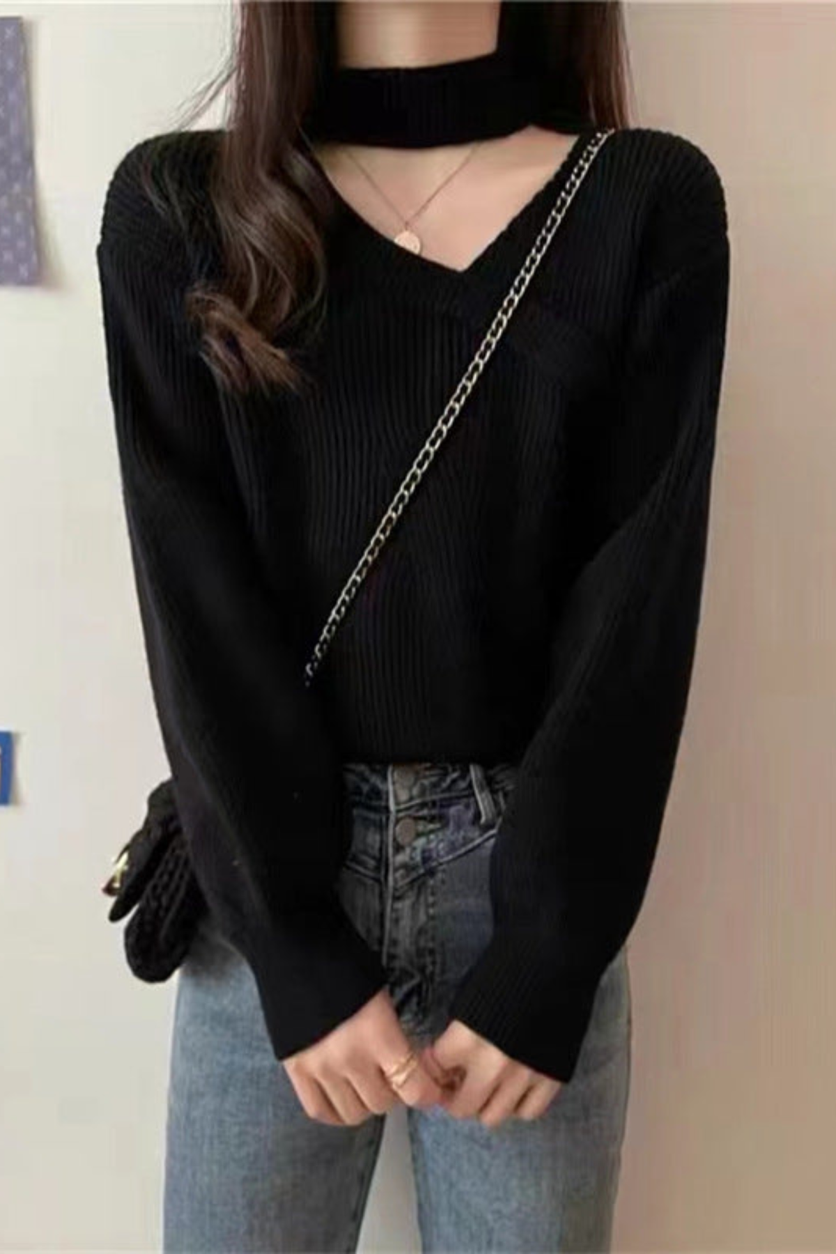 Sweater Ribbed Knit Choker Wrap V-Neckline — view 4