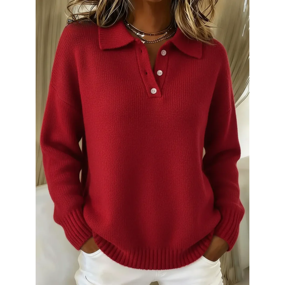 Polo Neck Knit Sweater Wool-Blend Button — view 3