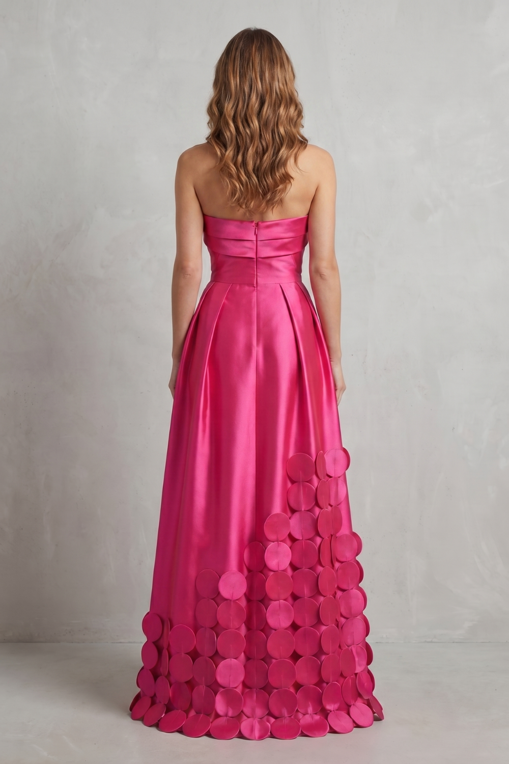 Maxi Dress Hot Pink Satin Strapless Circle Appliqué — view 4