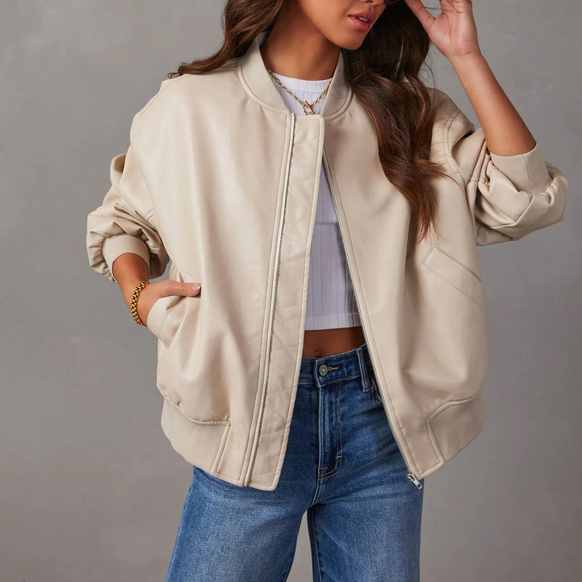 Bomber Jacket Vegan Leather Ribbed Trim — view 4