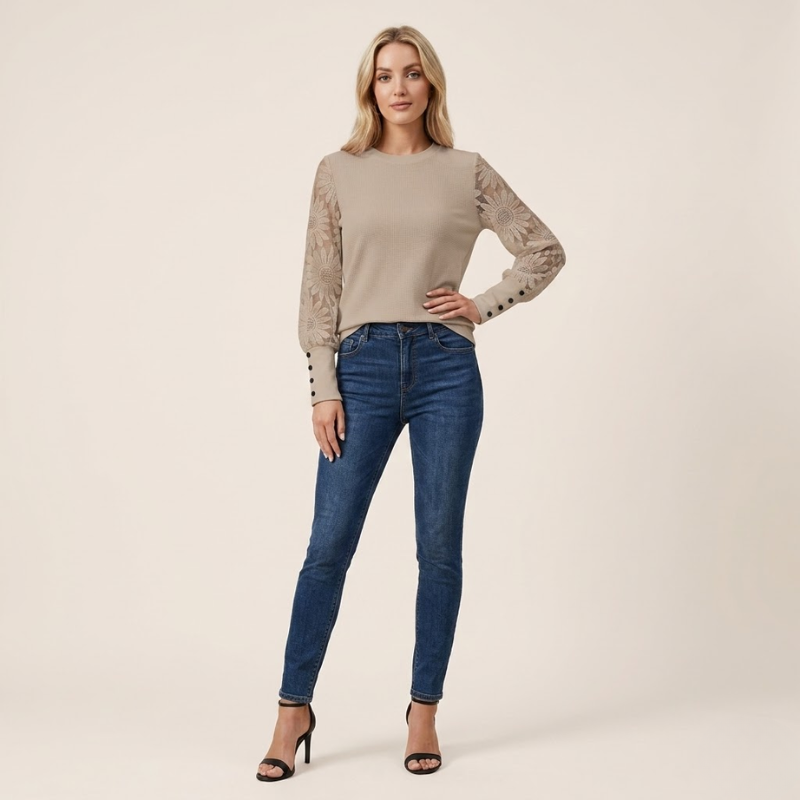 Long Sleeve Top Textured Knit Lace Sleeves