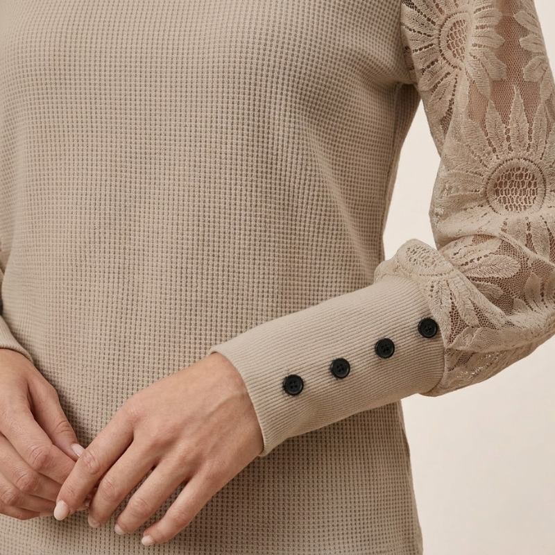 Long Sleeve Top Textured Knit Lace Sleeves — view 4