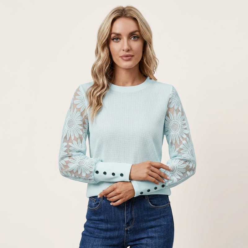 Long Sleeve Top Textured Knit Lace Sleeves — view 5