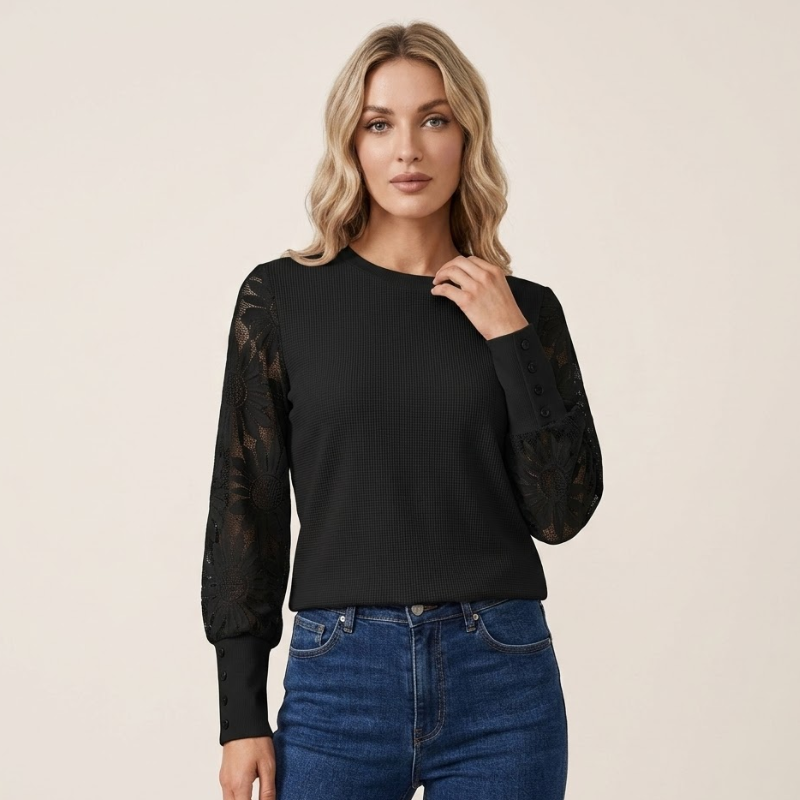 Long Sleeve Top Textured Knit Lace Sleeves — view 6