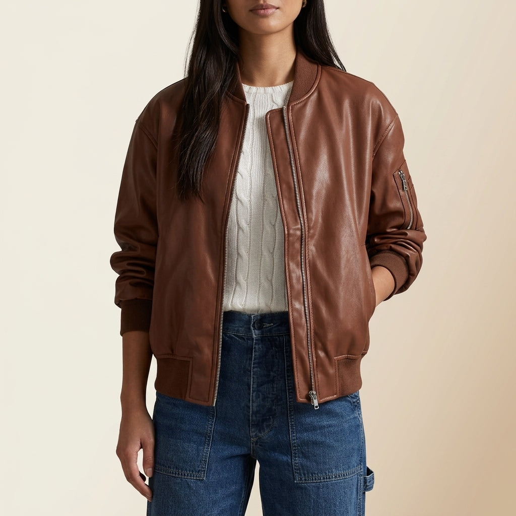 Bomber Jacket Leather Ribbed Trim