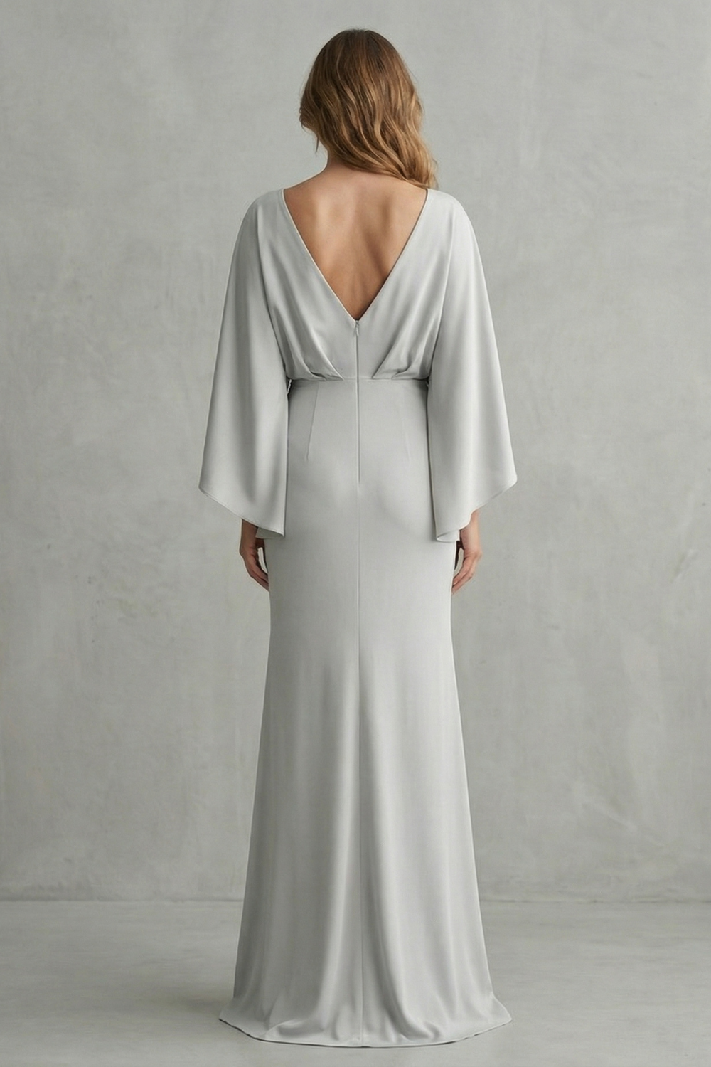 Maxi Dress Silver Crepe Batwing Cape Sleeve Ruched Waist — view 4