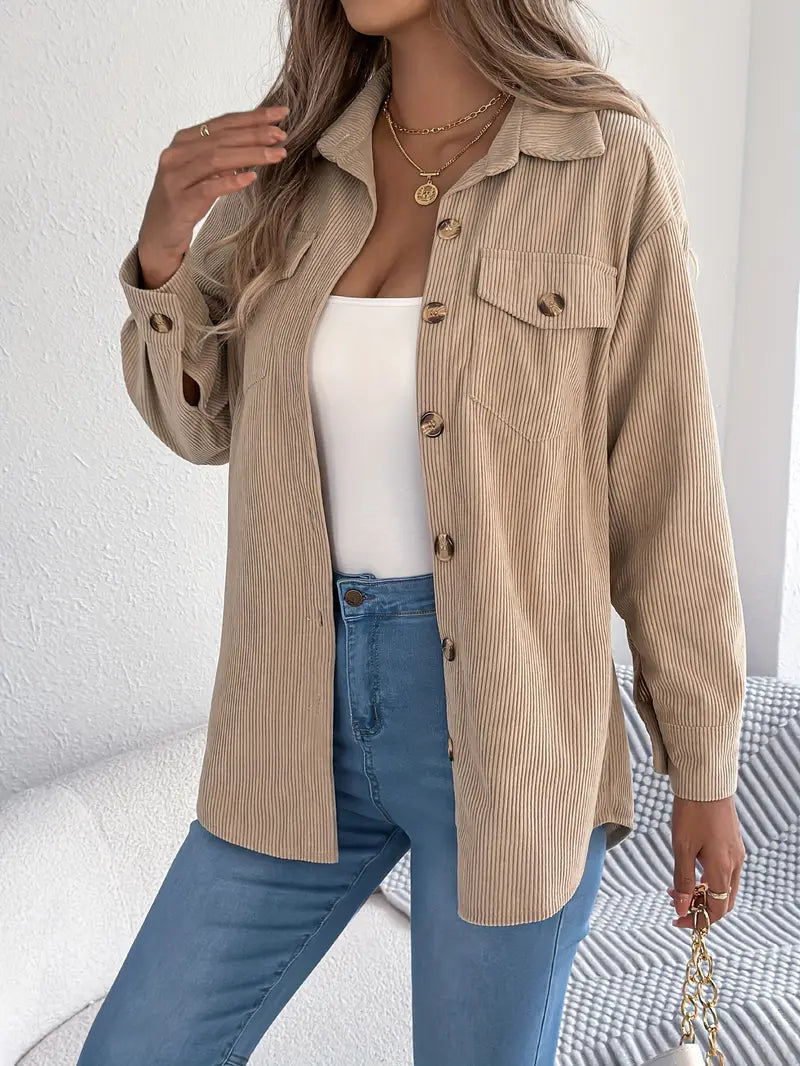 Corduroy Shacket Camel Button-Front Oversized