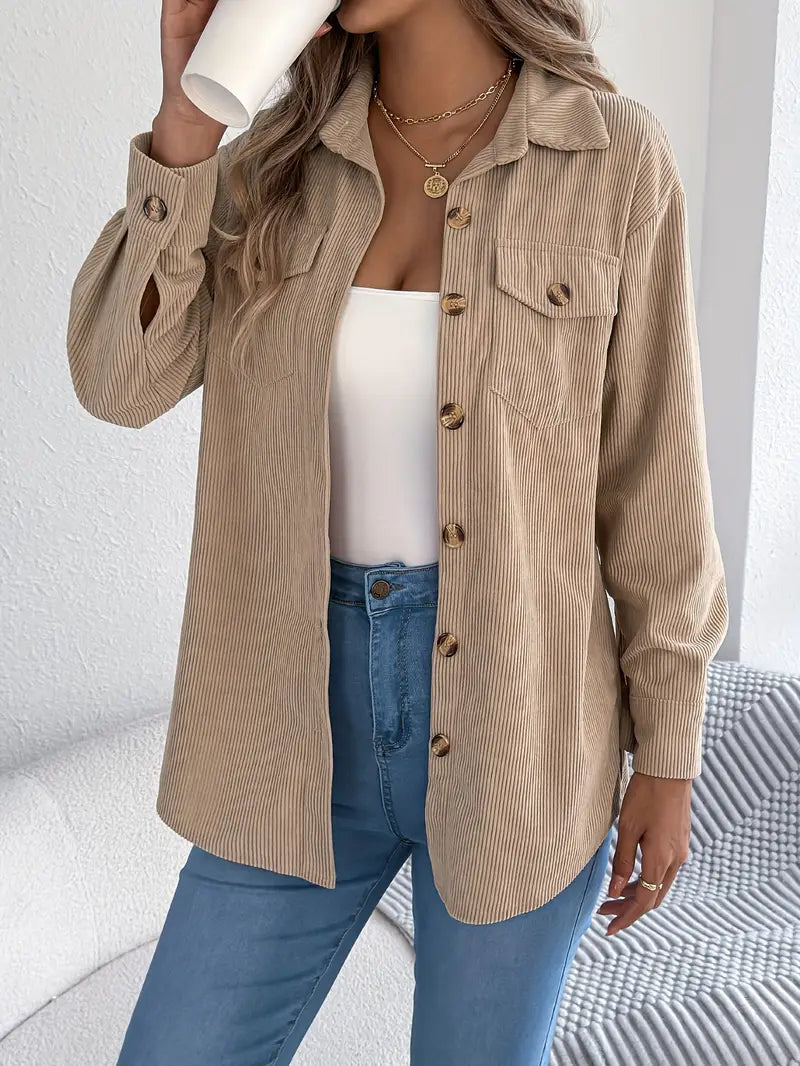 Corduroy Shacket Camel Button-Front Oversized