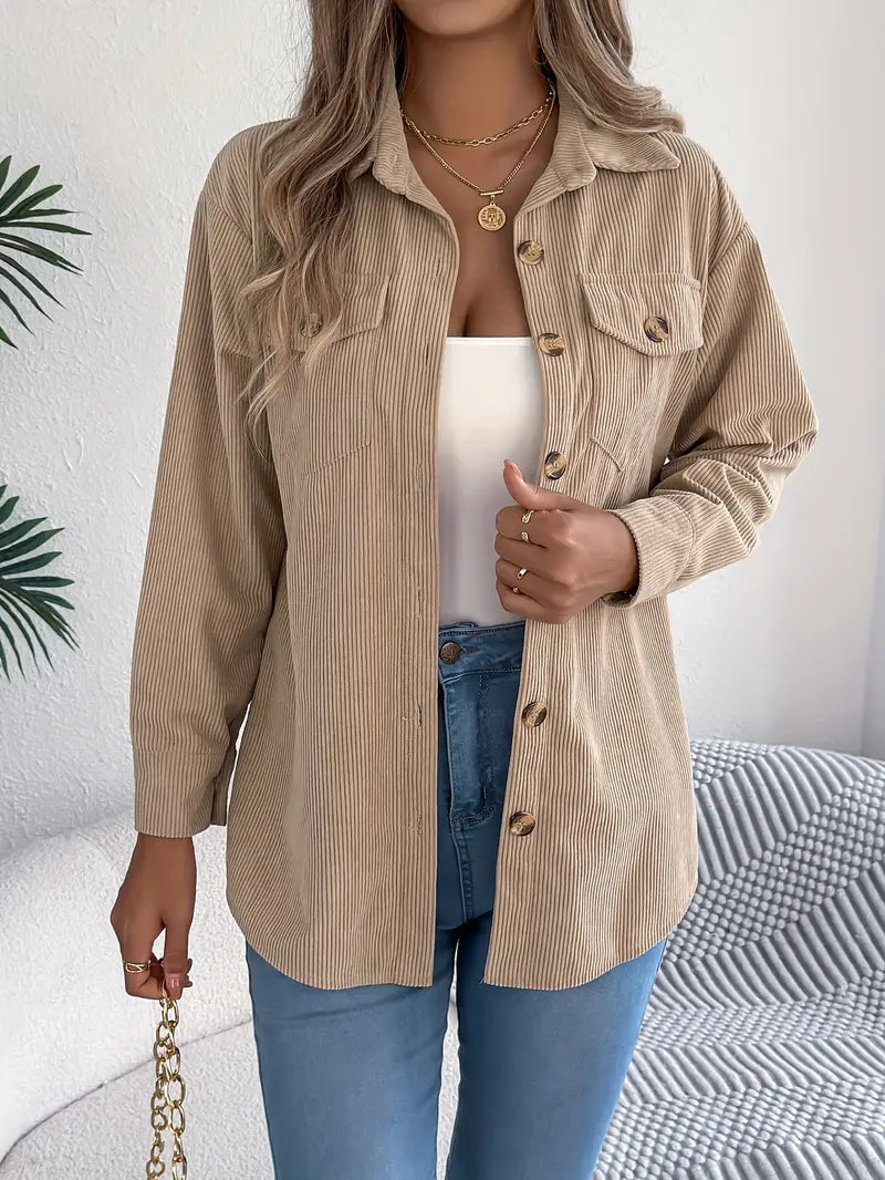 Corduroy Shacket Camel Button-Front Oversized — view 3