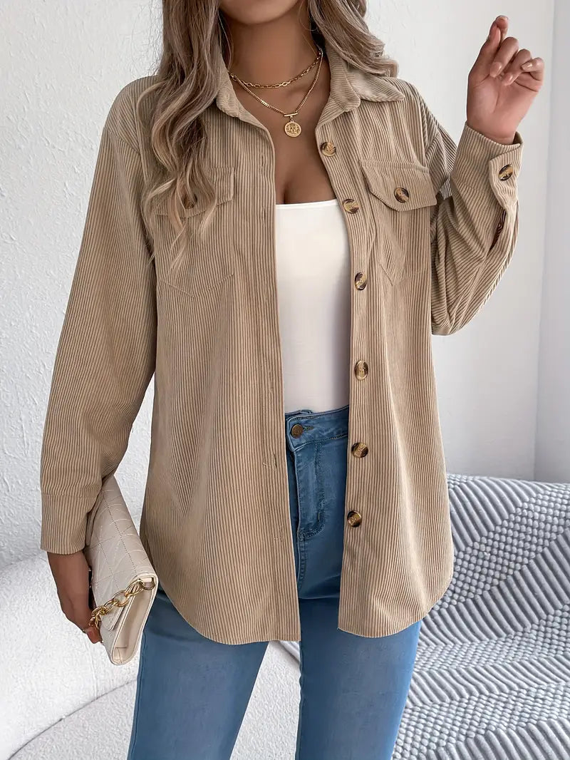 Corduroy Shacket Camel Button-Front Oversized — view 4