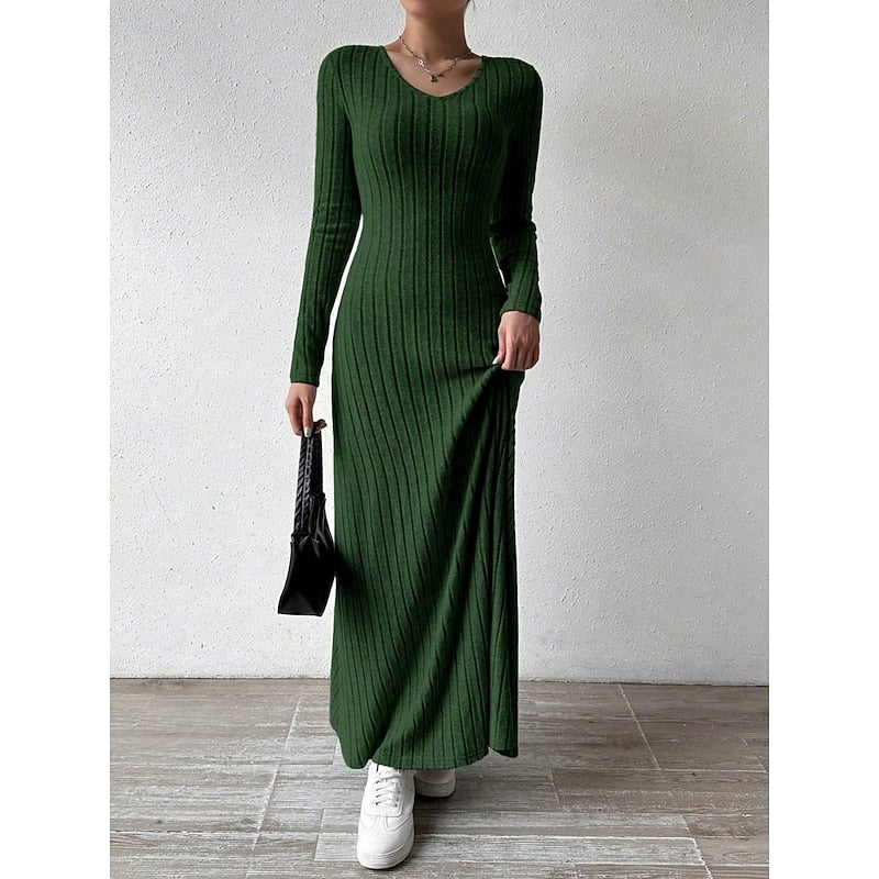Maxi Dress Ribbed Knit Long Sleeve V-Neck — view 4