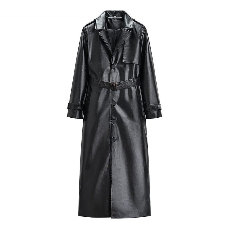 Longline Trench Coat Black Faux Leather Belted
