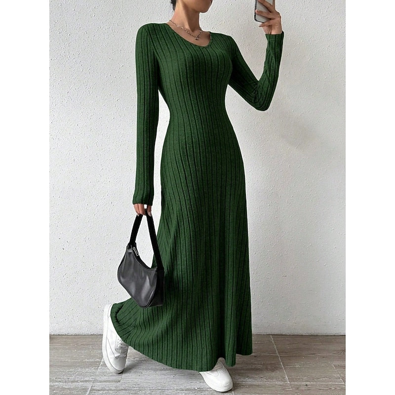 Maxi Dress Ribbed Knit Long Sleeve V-Neck — view 3