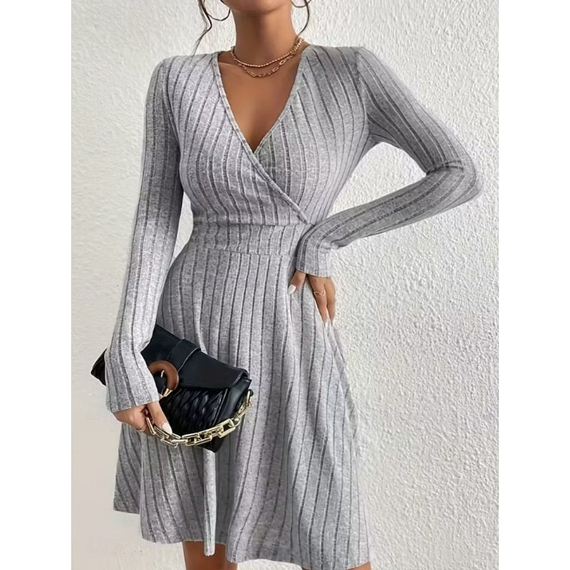 Mini Dress Ribbed Knit V-Neck A-Line Long Sleeve — view 3