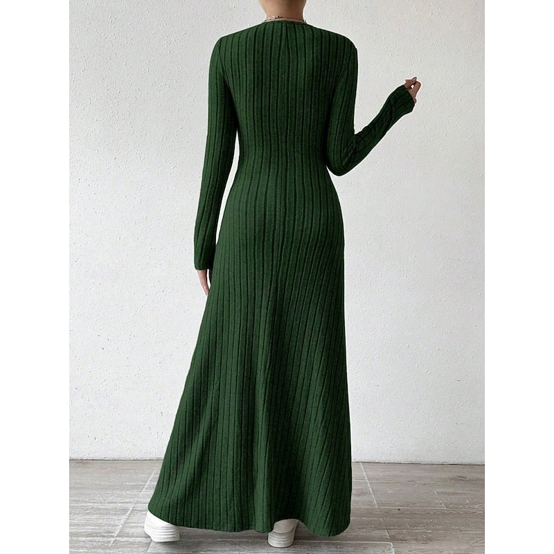 Maxi Dress Ribbed Knit Long Sleeve V-Neck