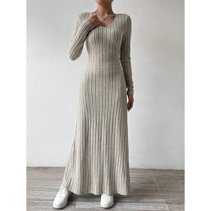 Maxi Dress Ribbed Knit Long Sleeve V-Neck — view 9