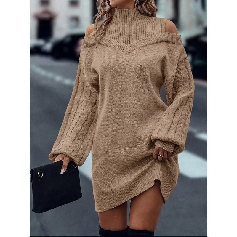 Mini Sweater Dress Knit Cold-Shoulder Turtleneck — view 3