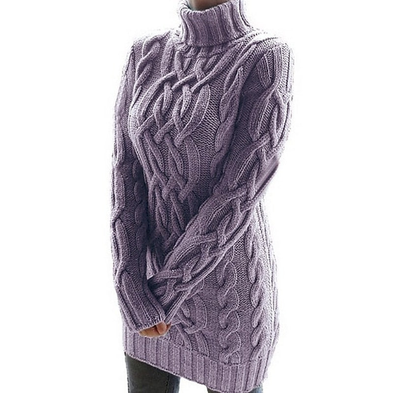 Sweater Dress Cable-Knit Turtleneck Long Sleeve