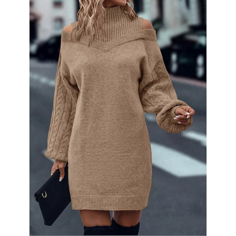 Mini Sweater Dress Knit Cold-Shoulder Turtleneck