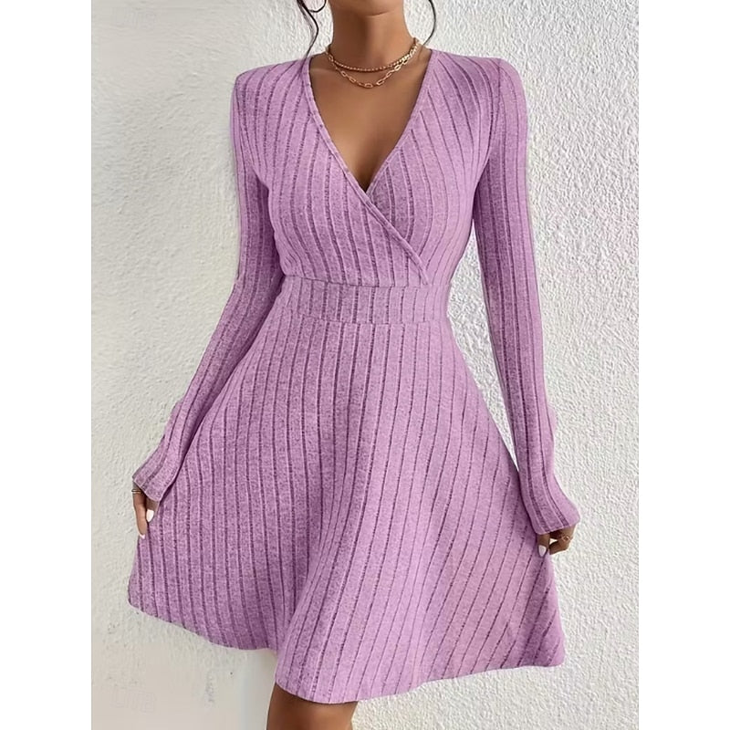 Mini Dress Ribbed Knit V-Neck A-Line Long Sleeve — view 8