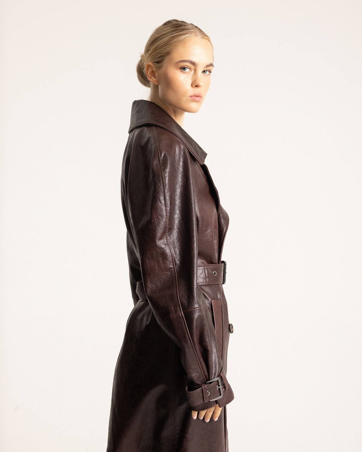 Trench Coat Dark Brown Leather Belted Oversized — view 2