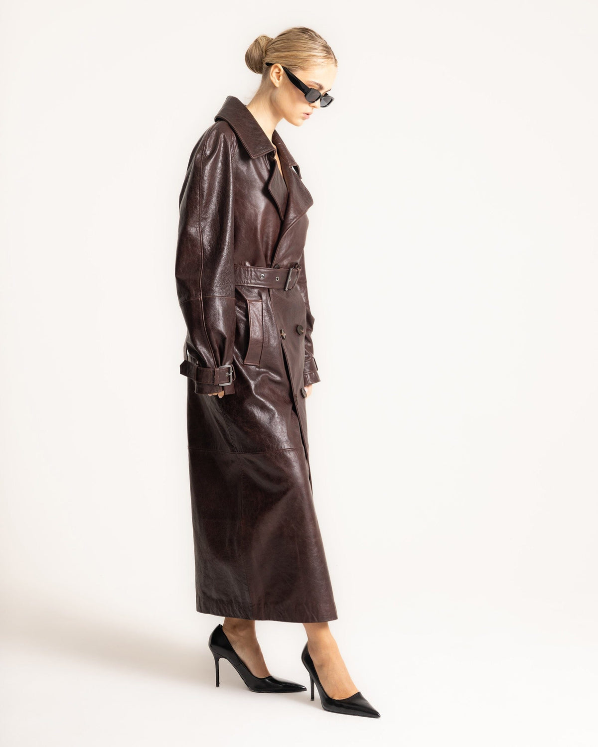 Trench Coat Dark Brown Leather Belted Oversized