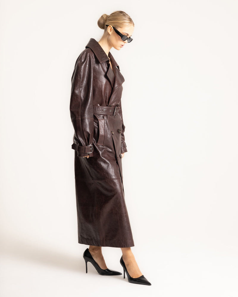 Trench Coat Dark Brown Leather Belted Oversized