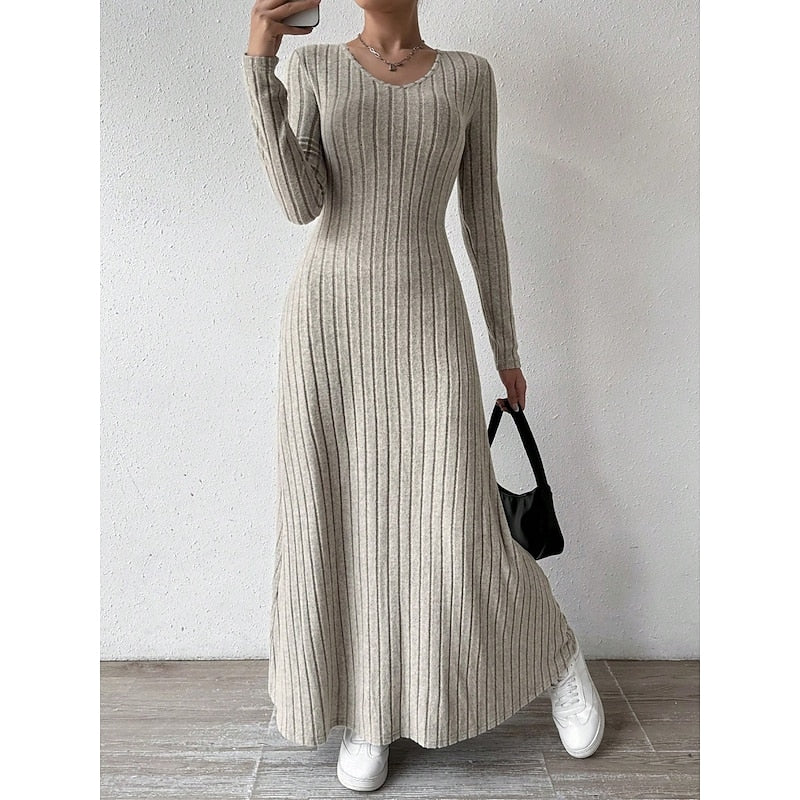 Maxi Dress Ribbed Knit Long Sleeve V-Neck — view 5