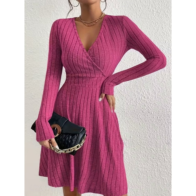Mini Dress Ribbed Knit V-Neck A-Line Long Sleeve — view 4