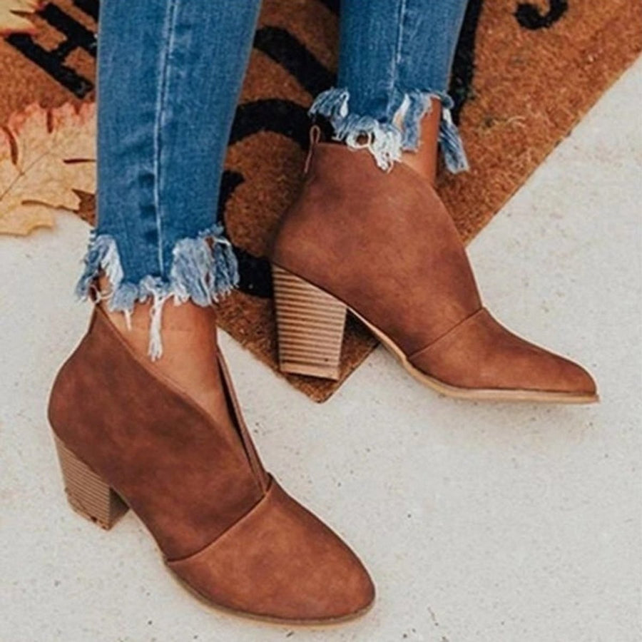 Block Heel Ankle Boots Faux Leather Pointed Toe