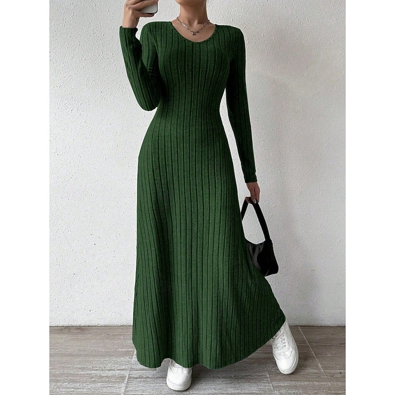 Maxi Dress Ribbed Knit Long Sleeve V-Neck