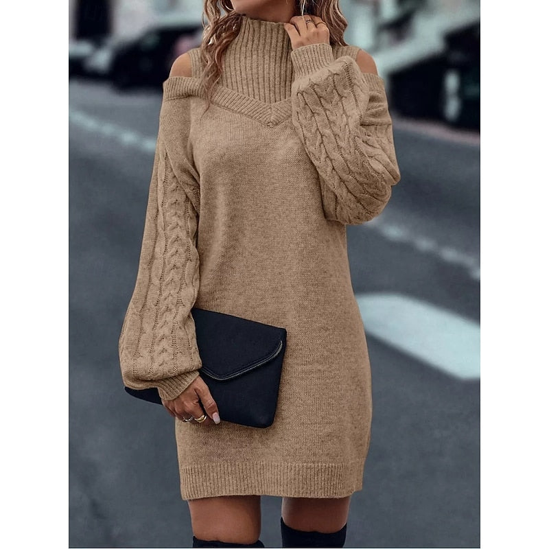Mini Sweater Dress Knit Cold-Shoulder Turtleneck — view 4