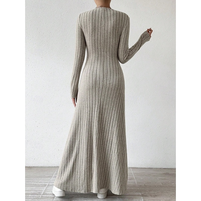 Maxi Dress Ribbed Knit Long Sleeve V-Neck — view 7