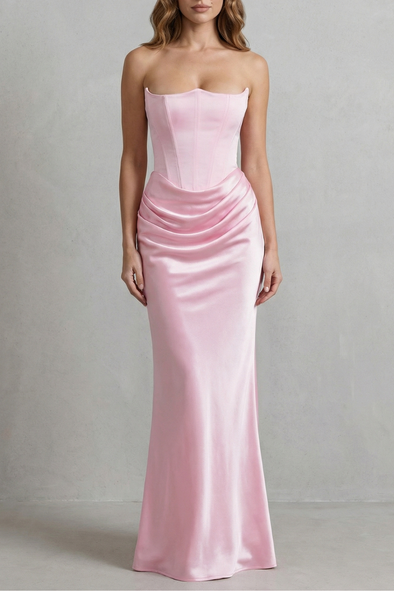 Maxi Dress Satin Strapless Corset Draped