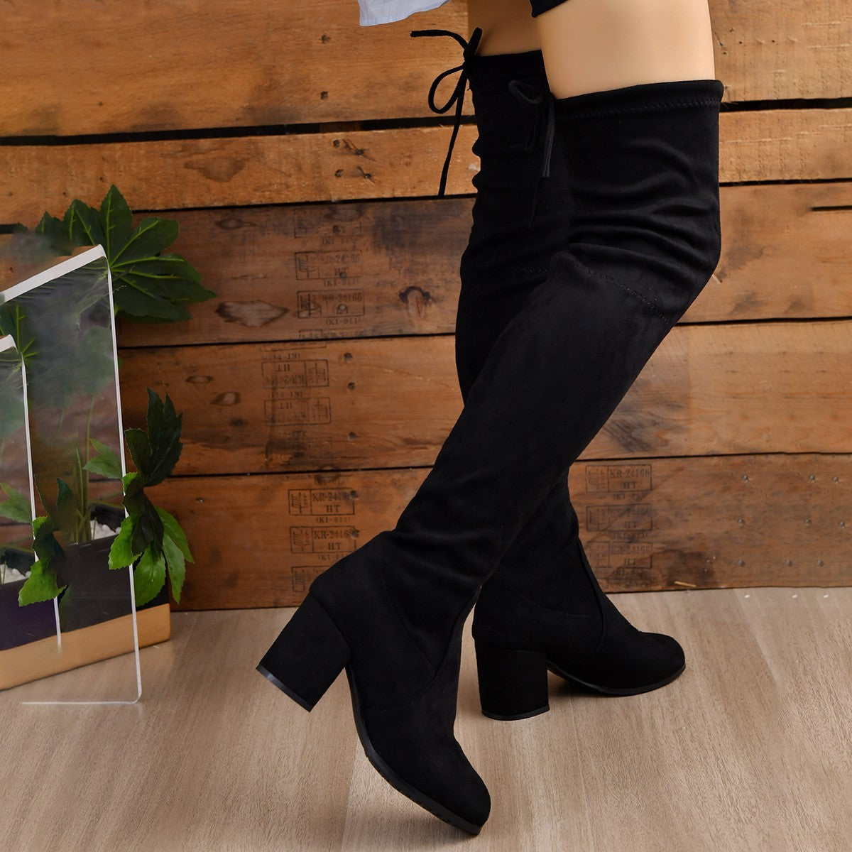 Over-the-Knee Boots Black Faux Suede Block Heel — view 2